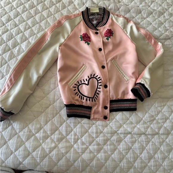 coah Jackets & Blazers - Floral Embroidered Pink and Cream Bomber Jacket